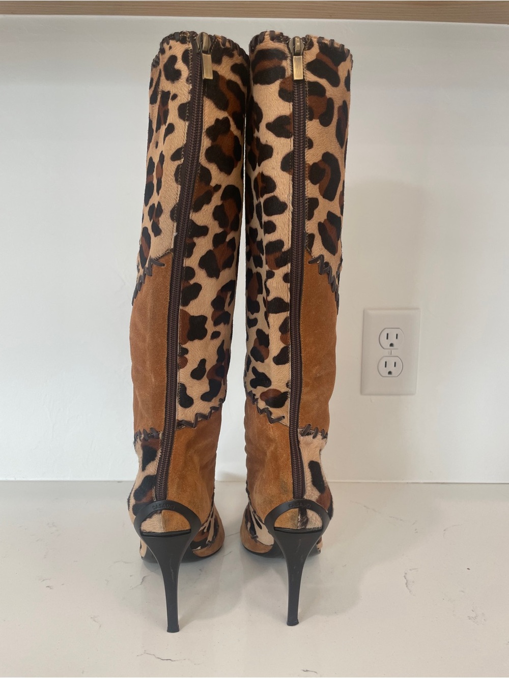 Casadei Leopard Pony Hair and Brown Suede Knee-High Stiletto Boots - Picture 6 of 13